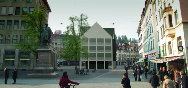 St.Gallen: Marktgasse und Vadian-Denkmal mit Irahaus