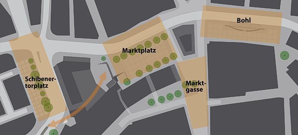 Marktplatz St.Gallen: 3 Plätze plus Schibenertor-Platz